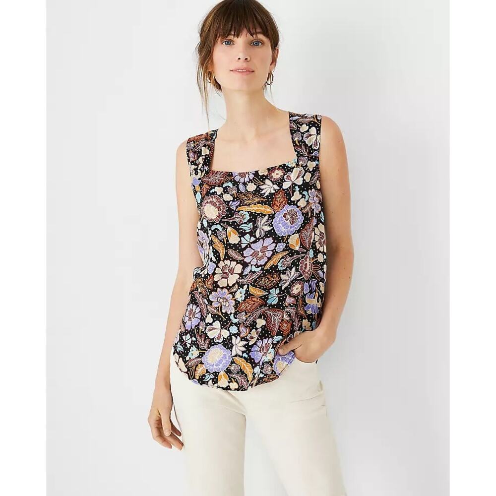 NWT Ann Tylor Women's Linen Blen Boho Batik Floral Back Knot Tank Top Black XL